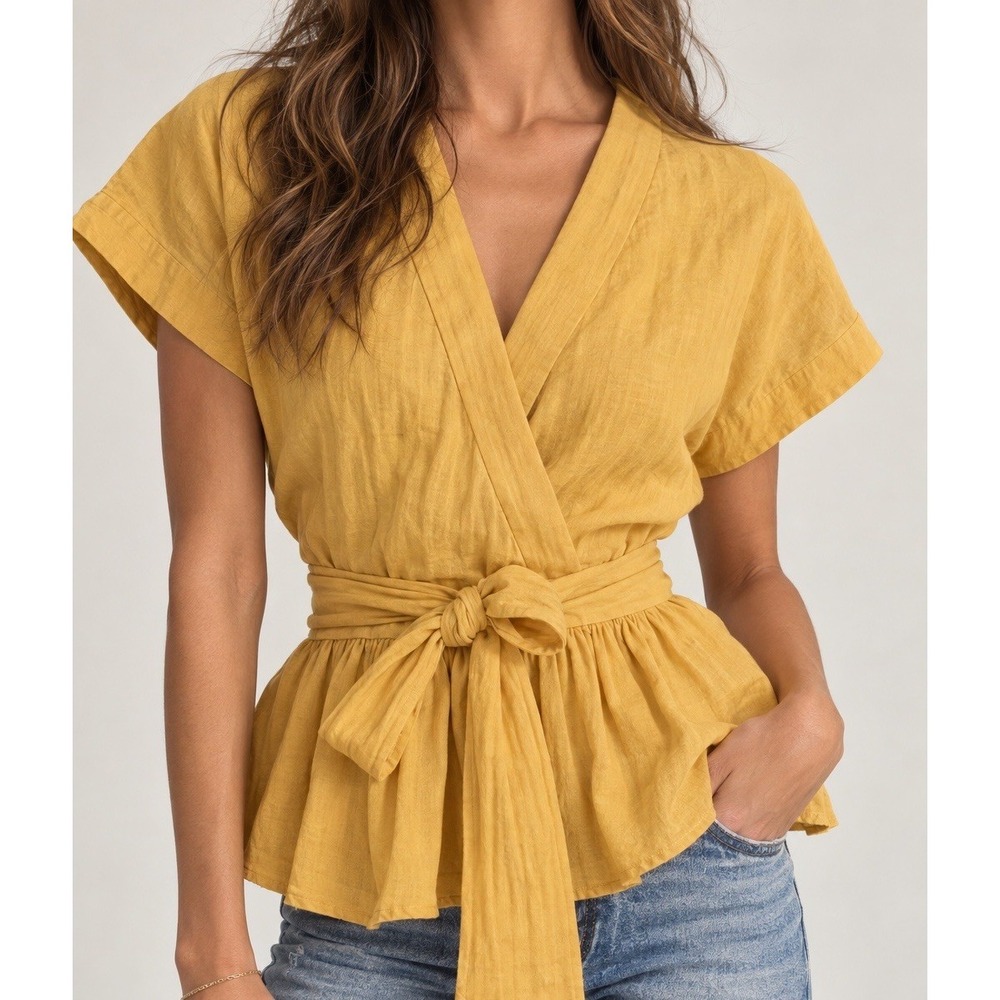 Sundance Hepburn Top S Daffodil Yellow Cotton Wrap Peplum Tie Waist